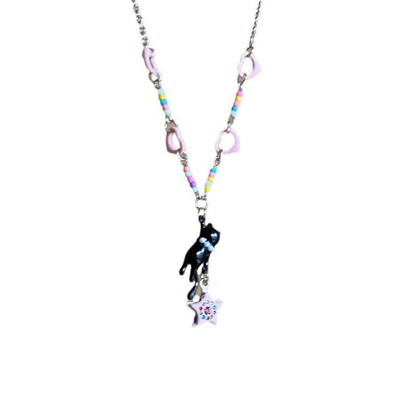 Wholesale Black Cat Pink Star Beaded Clavicle Necklace